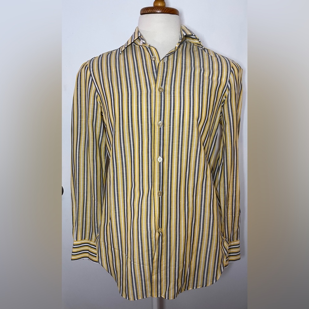 Kiton Striped Yellow white and Gray Men's Shirt cotton linen Italy 15 3/4 / 40